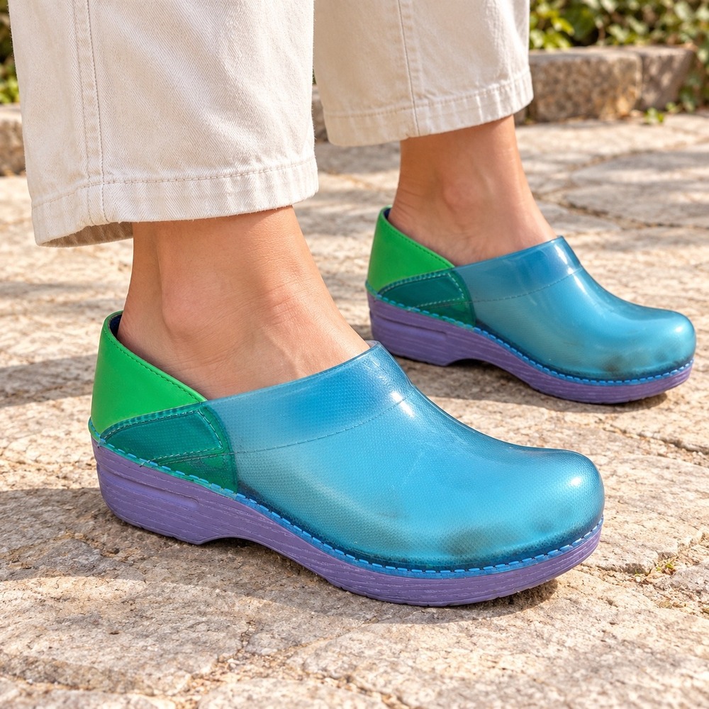 Dansko Colorblock opaque Clogs Women's 39 Teal Green Purple Chunky Comfort Shoes